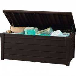 Cutie pentru depozitare exterior, de gradina, terasa, pentru unelte si perne, cu capac, material plastic, culoare maro, Keter Brightwood, 455 L, cu manere, rezistenta la UV si intemperii
