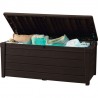 Cutie pentru depozitare exterior, de gradina, terasa, pentru unelte si perne, cu capac, material plastic, culoare maro, Keter Brightwood, 455 L, cu manere, rezistenta la UV si intemperii 