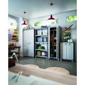Dulap de exterior, din polipropilena, depozitare unelte si scule, gri, 4 polite, Keter High Logico Utility, 65x45x182 cm, incuiere optionala, rezistent la UV