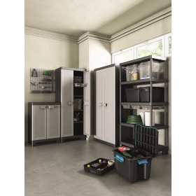 Dulap de exterior, din polipropilena, depozitare unelte si scule, gri, 4 polite, Keter High Logico Utility, 65x45x182 cm, incuiere optionala, rezistent la UV