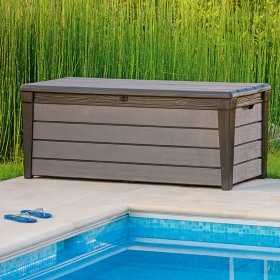 Cufar depozitare pentru exterior,  de gradina, pentru unelte, jucarii, perne, cu capac, material polipropilena, culoare bej, Keter Brushwood, 455 L