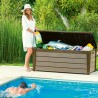 Cufar depozitare pentru exterior, de gradina, pentru unelte, jucarii, perne, cu capac, material polipropilena, culoare bej, Keter Brushwood, 455 L