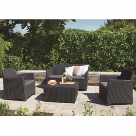Set mobilier de gradina, polipropilena, Keter Corona, pentru terasa, masuta dreptunghiulara, 1 canapea 2 locuri, 2 fotolii, culoare graphite, rezistent la UV si intemperii