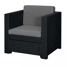 Scaun gradina, Polipropilena imitatie ratan, Keter, Provence, cotiere profilate, cu o perna, Spatar, Gri, 76x67x77 cm
