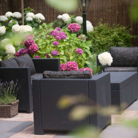 Scaun gradina, Polipropilena imitatie ratan, Keter, Provence, cotiere profilate, cu o perna, Spatar, Gri, 76x67x77 cm