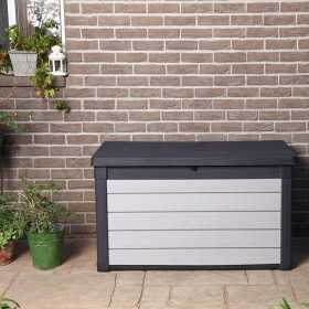 Cutie de depozitare pe terasa, pentru unelte pentru perne si jucarii, cu capac, material plastic, gri, Keter Denali DuoTech, rezistenta UV, 380 L