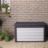 Cutie de depozitare pe terasa, pentru unelte pentru perne si jucarii, cu capac, material plastic, gri, Keter Denali DuoTech, rezistenta UV, 380 L 