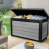Cutie de depozitare pe terasa, pentru unelte pentru perne si jucarii, cu capac, material plastic, gri, Keter Denali DuoTech, rezistenta UV, 380 L 