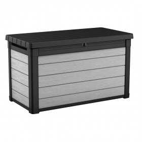 Cutie de depozitare pe terasa, pentru unelte pentru perne si jucarii, cu capac, material plastic, gri, Keter Denali DuoTech, rezistenta UV, 380 L