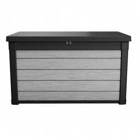 Cutie de depozitare pe terasa, pentru unelte pentru perne si jucarii, cu capac, material plastic, gri, Keter Denali DuoTech, rezistenta UV, 380 L