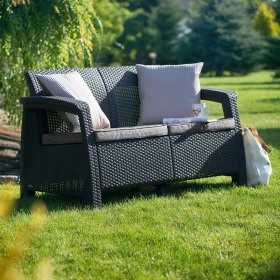 Set mobilier de gradina, terasa sau exterior, material polipropilena aspect ratan, Keter Corfu Rest, fara masa, 2 canapele, 2 fotolii, culoare graphite, rezistent la raze UV si intemperii