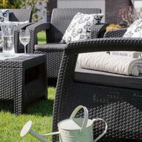 Set mobilier de gradina, terasa sau exterior, material polipropilena aspect ratan, Keter Corfu Rest, fara masa, 2 canapele, 2 fotolii, culoare graphite, rezistent la raze UV si intemperii