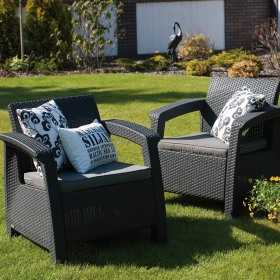 Set mobilier de gradina, terasa sau exterior, material polipropilena aspect ratan, Keter Corfu Rest, fara masa, 2 canapele, 2 fotolii, culoare graphite, rezistent la raze UV si intemperii