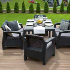 Set mobilier de gradina, terasa sau exterior, material polipropilena aspect ratan, Keter Corfu Rest, fara masa, 2 canapele, 2 fotolii, culoare graphite, rezistent la raze UV si intemperii