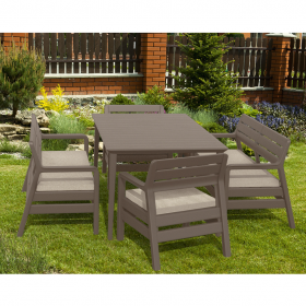 Set mobilier pentru gradina, terasa sau balcon, material polipropilena, Keter Delano, cu masa Lima, 2 canapele, 2 fotolii, culoare cappuccino
