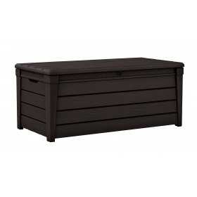 Cutie pentru depozitare exterior, de gradina, terasa, pentru unelte si perne, cu capac, material plastic, culoare maro, Keter Brightwood, 455 L, cu manere, rezistenta la UV si intemperii