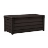 Cutie pentru depozitare exterior, de gradina, terasa, pentru unelte si perne, cu capac, material plastic, culoare maro, Keter Brightwood, 455 L, cu manere, rezistenta la UV si intemperii 