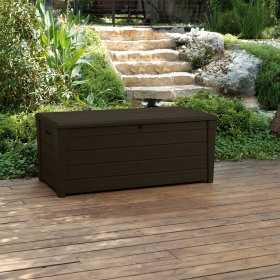 Cutie pentru depozitare exterior, de gradina, terasa, pentru unelte si perne, cu capac, material plastic, culoare maro, Keter Brightwood, 455 L, cu manere, rezistenta la UV si intemperii