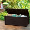 Cutie pentru depozitare exterior, de gradina, terasa, pentru unelte si perne, cu capac, material plastic, culoare maro, Keter Brightwood, 455 L, cu manere, rezistenta la UV si intemperii 