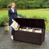 Cutie pentru depozitare exterior, de gradina, terasa, pentru unelte si perne, cu capac, material plastic, culoare maro, Keter Brightwood, 455 L, cu manere, rezistenta la UV si intemperii 