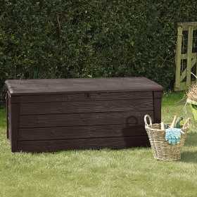 Cutie pentru depozitare exterior, de gradina, terasa, pentru unelte si perne, cu capac, material plastic, culoare maro, Keter Brightwood, 455 L, cu manere, rezistenta la UV si intemperii