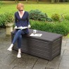 Cutie pentru depozitare exterior, de gradina, terasa, pentru unelte si perne, cu capac, material plastic, culoare maro, Keter Brightwood, 455 L, cu manere, rezistenta la UV si intemperii 