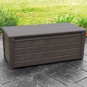 Cutie pentru depozitare exterior, de gradina, terasa, pentru unelte si perne, cu capac, material plastic, culoare maro, Keter Brightwood, 455 L, cu manere, rezistenta la UV si intemperii