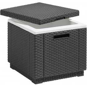 Cutie depozitare Keter Ice Cube, pentru terasa, balcon, polipropilena, imitatie ratan, pentru bauturi, graphite, patrata, cu capac, dimensiuni 39 x 39 x 43 cm