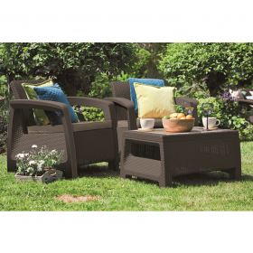 Set mobilier terasa, maro, material polipropilena, Keter, colectie Corfu Weekend, pentru gradina sau balcon, cu masuta, 2 fotolii, imitatie ratan
