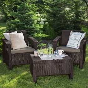Set mobilier terasa, maro, material polipropilena, Keter, colectie Corfu Weekend, pentru gradina sau balcon, cu masuta, 2 fotolii, imitatie ratan