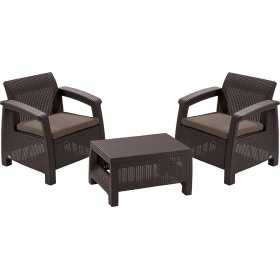 Set mobilier terasa, maro, material polipropilena, Keter, colectie Corfu Weekend, pentru gradina sau balcon, cu masuta, 2 fotolii, imitatie ratan