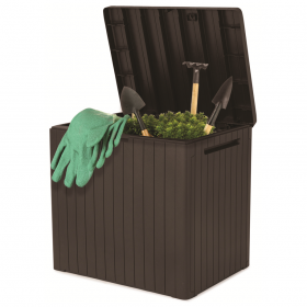 Cutie pentru depozitare in aer liber, pentru unelte si jucarii, cu capac, material polipropilena, culoare maro, Keter, colectie City, dimensiuni 57,8x44x55 cm, capacitate 113 L