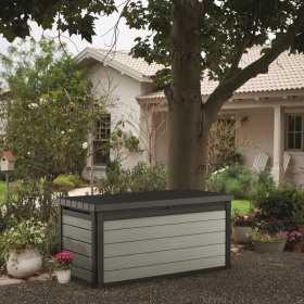 Lada pentru depozitare exterior, de terasa, de balcon, pentru unelte si perne, cu capac, material plastic, culoare gri, Keter, Denali DuoTech, 570 L