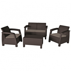 Set mobilier de gradina, polipropilena, Keter Bahamas, pentru terasa, masuta, 2 fotolii, canapea 2 locuri, maro, rezistent UV si intemperii