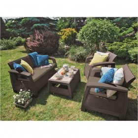 Set mobilier de gradina, polipropilena, Keter Bahamas, pentru terasa, masuta, 2 fotolii, canapea 2 locuri, maro, rezistent UV si intemperii