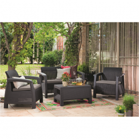 Set mobilier de gradina, polipropilena, Keter Bahamas, pentru terasa, masuta, 2 fotolii, canapea 2 locuri, maro, rezistent UV si intemperii
