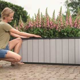 Jardiniera gradina polipropilena Keter Sequoia Duotech, imitatie lemn, gri, dreptunghiulara, pentru plante, fara farfurie, rezistent UV, 131x57x50 cm, 116 L