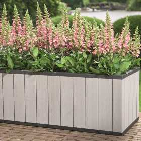 Jardiniera gradina polipropilena Keter Sequoia Duotech, imitatie lemn, gri, dreptunghiulara, pentru plante, fara farfurie, rezistent UV, 131x57x50 cm, 116 L
