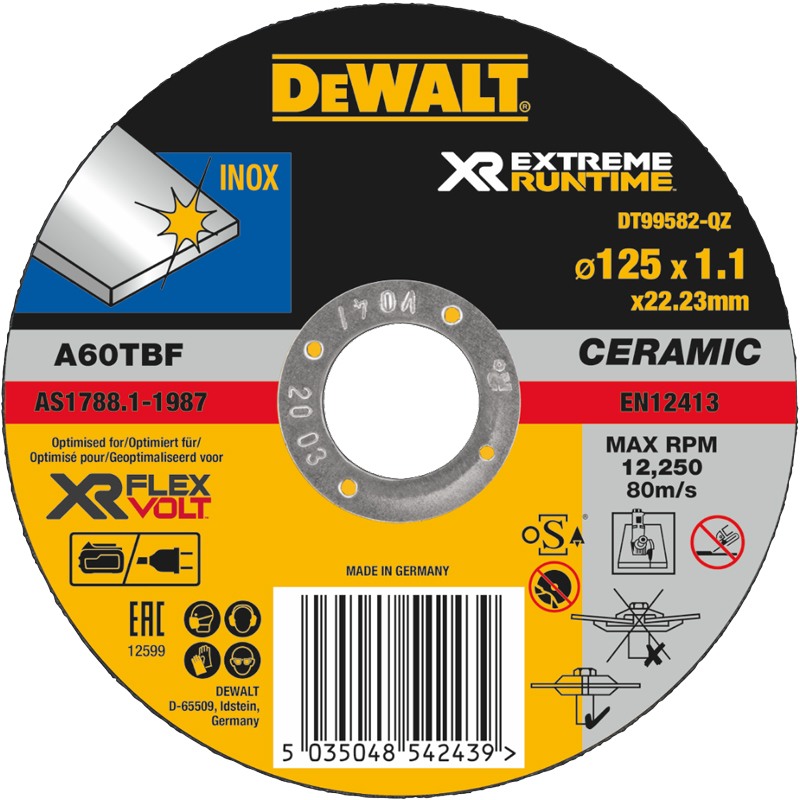 Disc abraziv DeWALT XR EXTREME RUNTIME DT99582 pentru taiere in inox 125mm 1.1mm yalco.ro