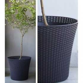 Ghiveci exterior conic, plastic imitatie ratan, Keter, pentru gradina, terasa, balcon, fara farfurie, dop de drenaj, gri, rezistent UV si umiditate, 56.6 L