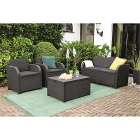 Set mobilier de gradina, terasa, imitatie ratan, Keter Modena, grafit, 4 locuri, cu masuta depozitare, 2 fotolii, canapea 2 persoane, perne incluse, rezistent UV