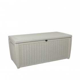 Cutie de depozitare gradina, piscina, pentru unelte si perne, cu capac, material polipropilena, culoare alb, Keter, ratan, 500 L