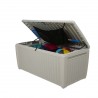 Cutie de depozitare gradina, piscina, pentru unelte si perne, cu capac, material polipropilena, culoare alb, Keter, ratan, 500 L