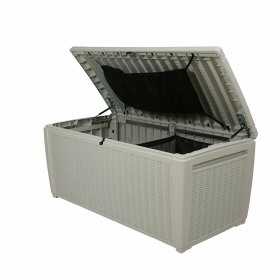 Cutie de depozitare gradina, piscina, pentru unelte si perne, cu capac, material polipropilena, culoare alb, Keter, ratan, 500 L