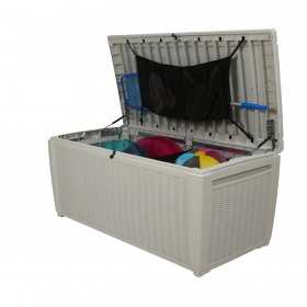 Cutie de depozitare gradina, piscina, pentru unelte si perne, cu capac, material polipropilena, culoare alb, Keter, ratan, 500 L