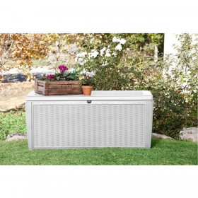Cutie de depozitare gradina, piscina, pentru unelte si perne, cu capac, material polipropilena, culoare alb, Keter, ratan, 500 L