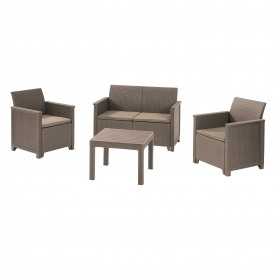 Set mobilier de gradina, imitatie ratan, Keter Emma, pentru terasa, masuta patrata, 1 canapea, 2 fotolii, 4 locuri, cappuccino, polipropilena rezistenta UV