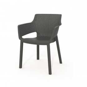 Scaun de exterior, polipropilena, Keter, Eva, stivuibil, grafit, imitatie ratan, cotiere usor rotunjite, spatar larg, 57.7 x 62.5 x 79 cm