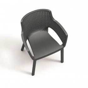 Scaun de exterior, polipropilena, Keter, Eva, stivuibil, grafit, imitatie ratan, cotiere usor rotunjite, spatar larg, 57.7 x 62.5 x 79 cm