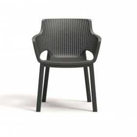 Scaun de exterior, polipropilena, Keter, Eva, stivuibil, grafit, imitatie ratan, cotiere usor rotunjite, spatar larg, 57.7 x 62.5 x 79 cm